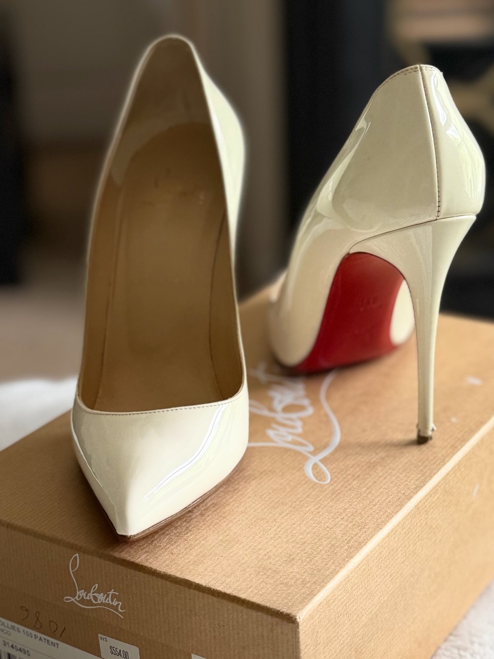 Christian Louboutin Ivory Patent Pointed Toe Stiletto Pumps - Picture 6 of 8